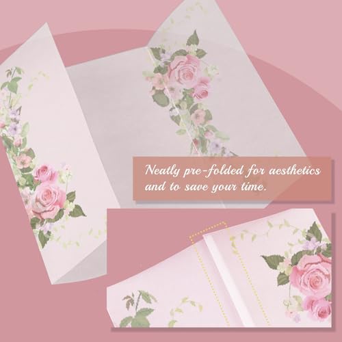 Goefun 120 Pack Pre-Folded Floral Vellum Paper 5x7 with Pink Rose Pattern - color: pattern-pink rose, size: 5x7-120pcs
