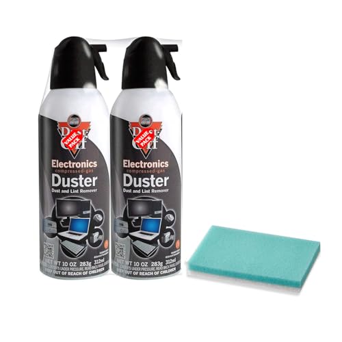OPTEMS Compressed Air Duster for Electronics – 10oz (Pack of 2) with Cleaning Sponge – Dust-Off Spray for Computers, Keyboards, Cameras, Consoles – Ozone Safe & Residue Free