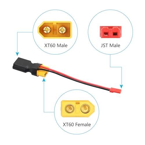 XT60 Connector Adapter with JST Plug 3", 20AWG Cable, Gold-Plated Plug - style: XT60 Male to Female Connector with JST (Male) - 3Pcs
