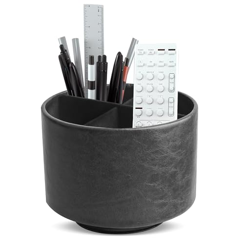 Round Leather Art Supply Organizer,Remote Control Holder,360 Degree Spinning,Multi-Functional Pencil Holder,4 Compartments Desktop Stationary Organizer(1-Oil Black) - color: 1-Oil Black