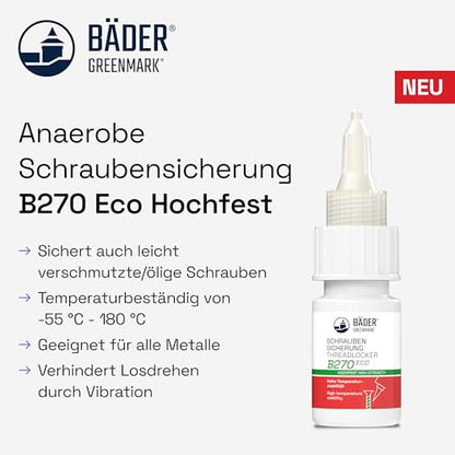 threadlocker B270Eco High Strength Blue 10ml Bottle - high Temperature Resistant, Fluorescent - Works on All Metals and Threads, for Large Threads