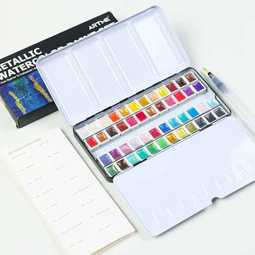 ARTSY Metallic Watercolor Paint Set – 48 Glitter Colors in A Metal Case with Palette Perfect for Artists, Hobbyists, Students, Beginners