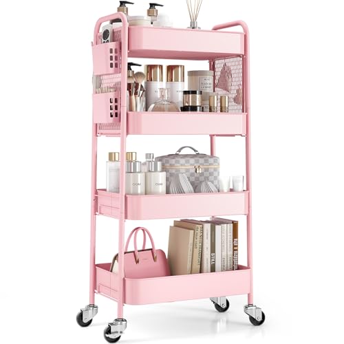 TOOLF 4 Tier Rolling Cart, Metal Utility Storage Cart with Pegboard, Pink - color: Pink, size: 4-Tier