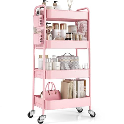 TOOLF 4 Tier Rolling Cart, Metal Utility Storage Cart with Pegboard, Pink - color: Pink, size: 4-Tier