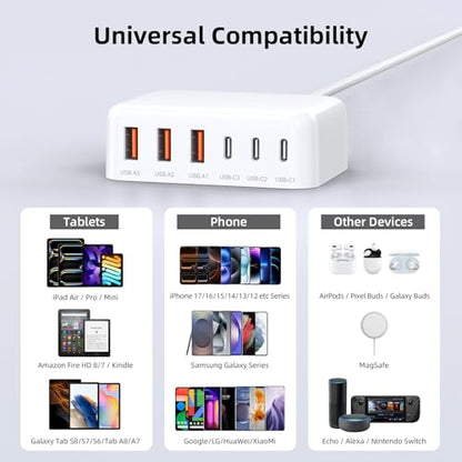 100W 6 in 1 USB Charger, 50% Smaller Charging Station for Multiple Devices - color: A-White
