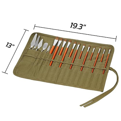 ECHSRT 30-Slot Canvas Paint Brush Holder Roll Up Case Organizer, Green - color: Army Green