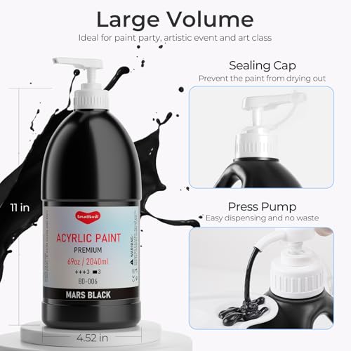 Smallbudi Black Acrylic Paint 69oz/2040ml Large Bulk Bottle with Pump - color: Black