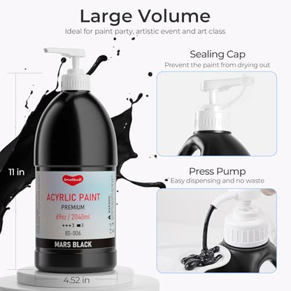 Smallbudi Black Acrylic Paint 69oz/2040ml Large Bulk Bottle with Pump - color: Black