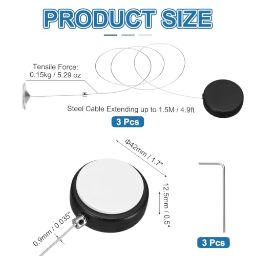 PATIKIL 5ft (1.5M) Retractable Remote Control Cable Tether 1.5N, 3PCS Remote Control Security Lanyard Lock Adjustable Locking Leash with Round Iron Cap for TV Tablets Showroom, Black - color: Black, size: 5ft