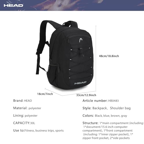 HEAD 30L Drone String Backpack,Large Laptop Backpack Fits 15.6" Laptop - color: Black