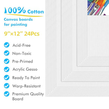 Gotideal Canvas for Painting, 24pcs 9x12 Primed Bulk Painting Canvas Board - size: 9x12 inch