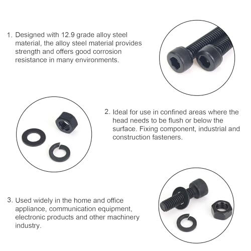 DYWISHKEY 566 Pieces M3 Black Screws, 12.9 Grade Alloy Steel M3x 4/6 /8/10 /12/16 /20mm Hex Socket Head Cap Screws Bolts Nuts Washers Assortment Kit - size: M3, style: Socket Head