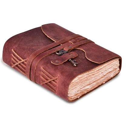 LEATHER VILLAGE Leather Bound Notebook Key Lock, Mahogany Brown 8x6. - color: Beetroot Red, size: 8"X6"