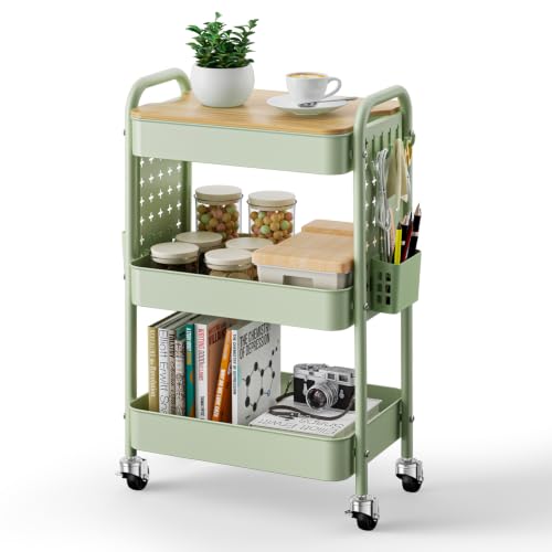 3 Tier Rolling Cart with Table top, Metal Utility Cart with DIY Pegboard - color: Green With Pegboard