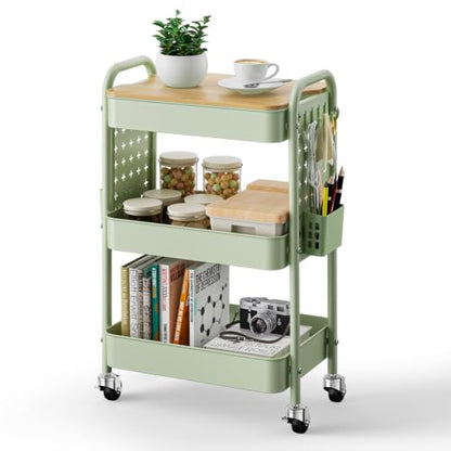 3 Tier Rolling Cart with Table top, Metal Utility Cart with DIY Pegboard - color: Green With Pegboard