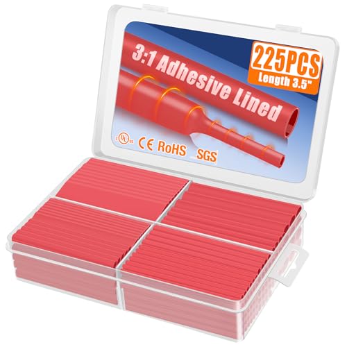 XHF UL Listed 225 Pcs 3:1 Waterproof Heat Shrink Tubing Kit Marine Grade Adhesive Lined Heat Shrink Tube, Insulation Sealing Oil-Proof Wear-Resistant Red - color: Red, size: 1(225PCS(3/32"-3/4"))-66.5ft