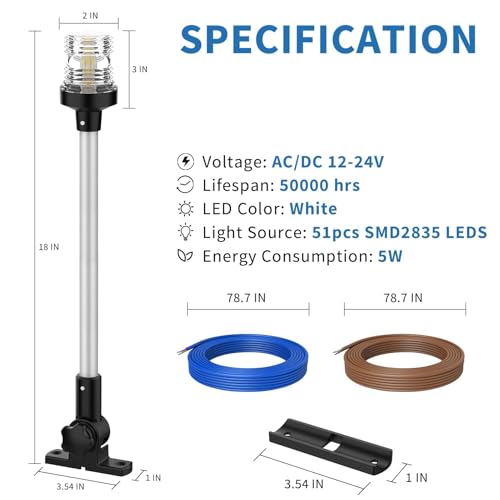 Obcursco Boat Stern Light, Bimini Top LED Anchor Light, Boat Accessories - size: 18''Horizontal Swing