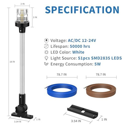 Obcursco Boat Stern Light, Bimini Top LED Anchor Light, Boat Accessories - size: 18''Horizontal Swing