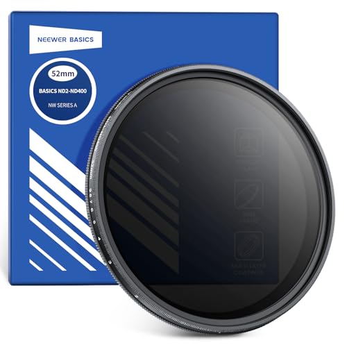 NEEWER Basics 52mm Variable ND Filter, ND2-400 1-9 Stops Light Reduction Rotatable Variable Neutral Density Filter with Anti Fingerprint Coating, Slim Frame for Camera Lens - size: 52mm