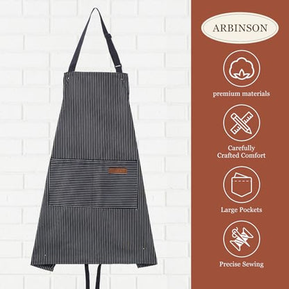 2 Pack Cooking Aprons Adjustable Bib Apron for Women with 2 Pockets, Kitchen Restaurant Men Chefs Aprons - color: Black Stripes/Black Pinstripe
