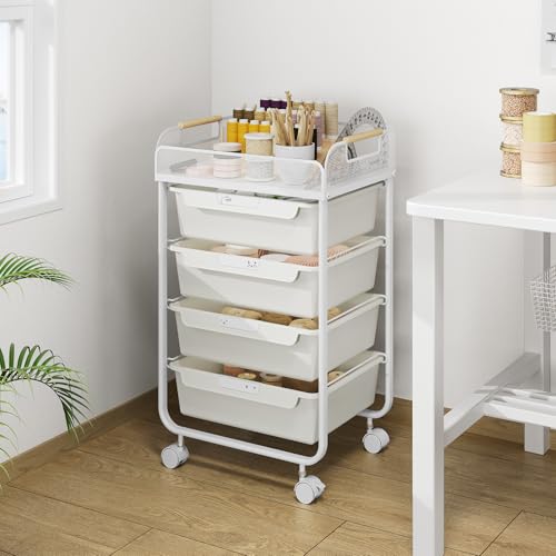 SYKIARIOL 4-Drawer Rolling Storage Cart with Mesh Top,White - color: Cream White