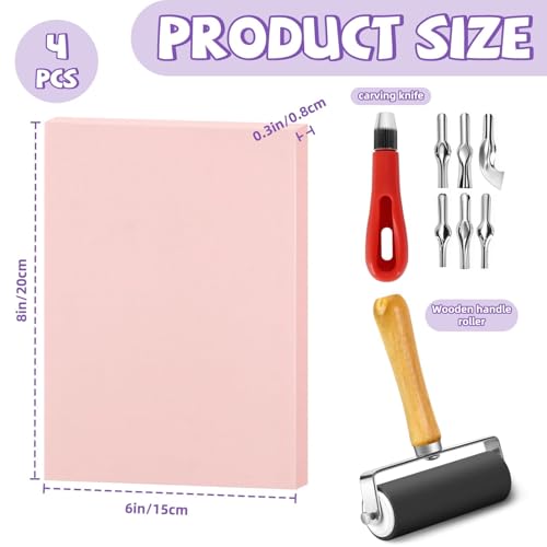 6 Pack Linocut Kit for Printmaking, 4 Pcs Rubber Stamp Carving Blocks - color: 6pack, size: kit-8"x6"