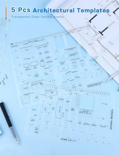 5 Pcs Architectural Templates: Circle, House Plan, Interior Design & Furniture Templates, Drafting Tools & Ruler Shapes for Architecture