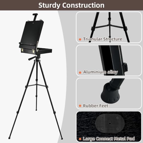 Black French Style Easel Sketch Box with Aluminum Tripod - color: Black