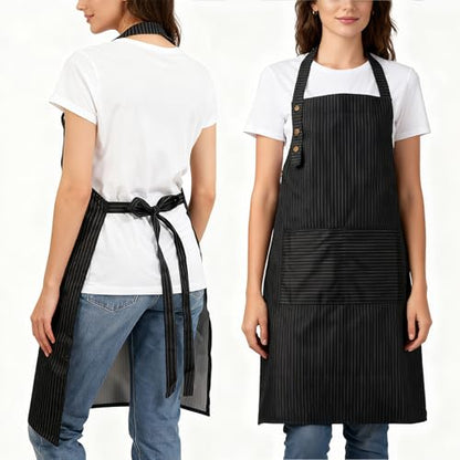 Adjustable Bib Apron Waterdrop Resistant with 2 Pockets Cooking Kitchen Aprons for Women Men Chef - color: Black