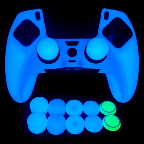 Glow in The Dark Controller Skin,Anti Slip Soft Thicked Studded Silicone Cover Skins Compatible with ps5 dualsense Edge,Include 8 PCS Thumb Grips Caps and 2 Grips Caps (Glow Blue) - color: Glow Blue