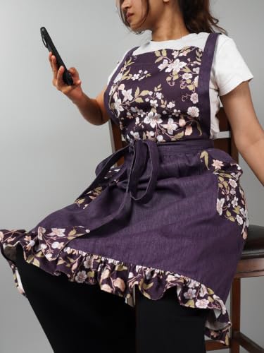 100% Cotton Printed Kitchen Apron with 2 Pockets for Men and Women – Adjustable Chef Apron - Machine Washable - color: Grape Forest