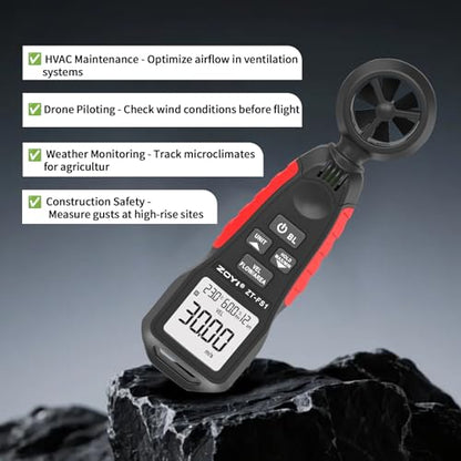 Handheld Anemometer with Temp & Humidity Sensor, 9999 Reading Data Hold, 5/s Sampling Rate, Large Backlit, 0-12 Wind Level Meter for Outdoor Sports Wind Speed Measuring