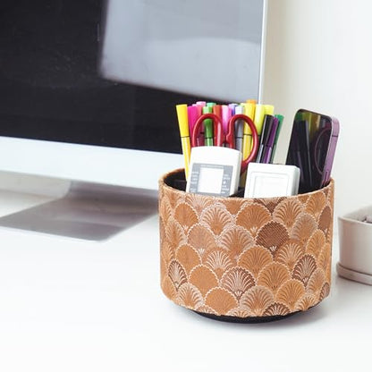 Round Leather Art Supply Organizer,Remote Control Holder,360-degree Rotating Pen Organizer with 4 Compartments(1-Peacock Copper) - color: 1-5Peacock Copper