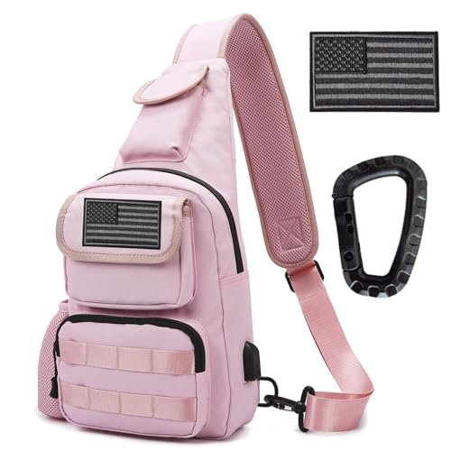 Tactical Shoulder Bag - 1000D Molle Military Backpack Outdoor Daypack Chest Pack - color: Pink