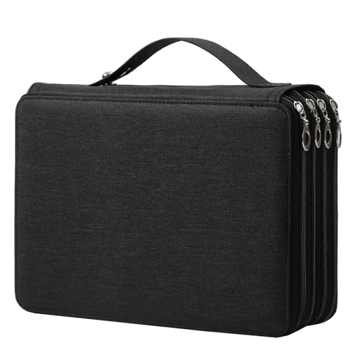 Canvas 200 Slots Pencil Case 4-Layer Zipped Holder w/Handle - color: Black, size: 200