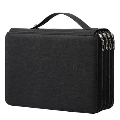 Canvas 200 Slots Pencil Case 4-Layer Zipped Holder w/Handle - color: Black, size: 200