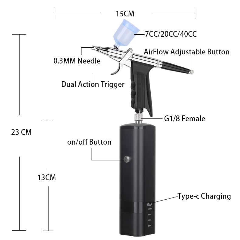 High Pressure Airbrush Kit, Rechargeable Cordless - color: Black