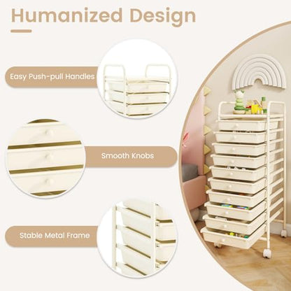 RELAX4LIFE 10 Drawer Rolling Cart - Slim Storage Cart w/Lockable Wheels - color: White, size: 34''H