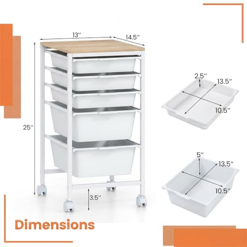 RELAX4LIFE 5-Drawer Rolling Storage Cart w/Lockable Wheels(White) - color: White, size: 25”H