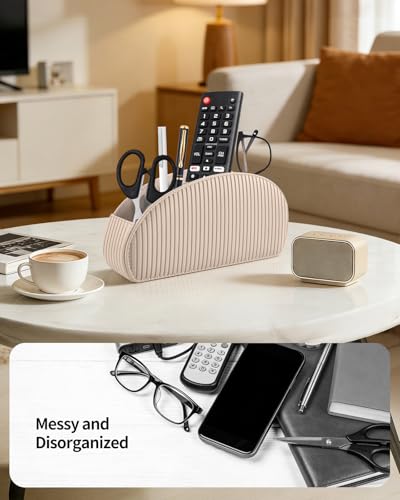 SITHON Remote Control Holder with 5 Compartments - color: Stripe-Latte, size: Small