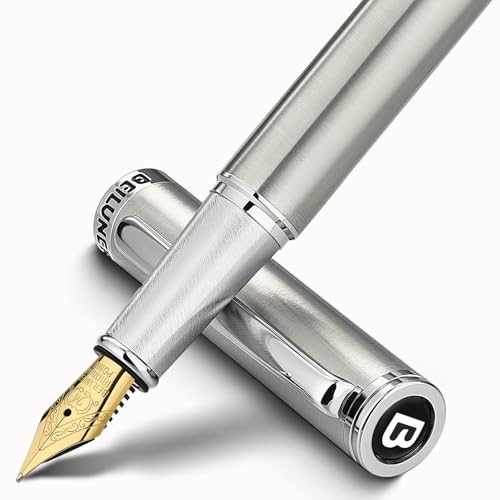 BEILUNER Luxury Fountain Pen Set,Solid 24K Gilded(Medium)-Charming Silver - color: Silver, style: Medium Nib