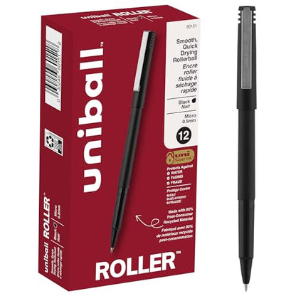 uniball™ Roller Rollerball Pens, Micro Point (0.5mm), Black, 12 Pack - size: 1 Count (Pack of 12)