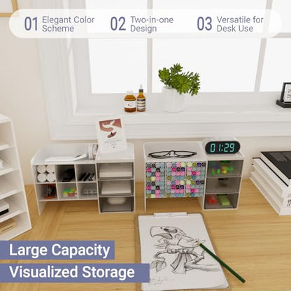 White Plastic Desktop Organizer – Stackable Office Desk Supplies Storage, Stationary,Marker,Crayon Organizer with Drawer – Perfect for Office, School, or Makeup Storage