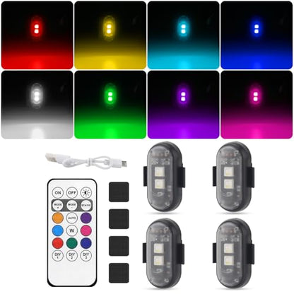 4PCS Wireless LED Strobe Lights with Remote Control, 8 Colors IP65 Waterproof Anti-Collision USB Charing Led Warning Lights for Car Drone Truck Motorcycle Aircraft Bike