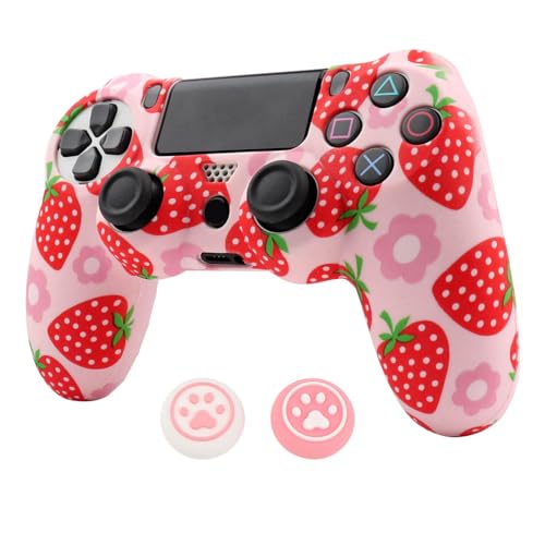 RALAN Pink Controller Skins for PS4,Fruit Silicone Controller Cover Skin Protector Compatible /PS4 Slim/PS4 Pro Controller with 2 Cute Thumb Grips Caps… - color: Red