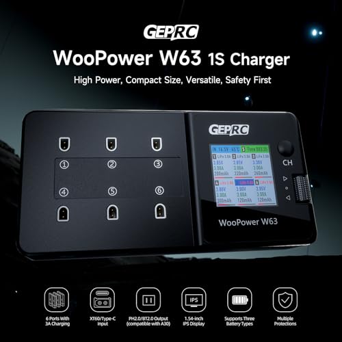 GEPRC W63 6-Port 1S Charger 3A Fast Charge LiPo/LiHV BT2.0/XT60