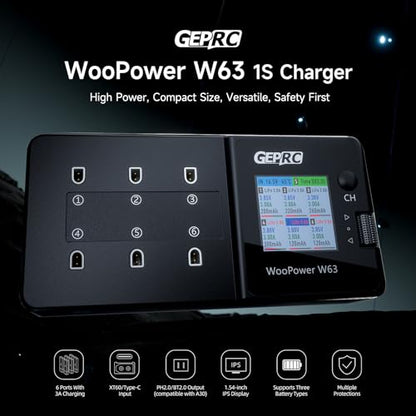 GEPRC W63 6-Port 1S Charger 3A Fast Charge LiPo/LiHV BT2.0/XT60