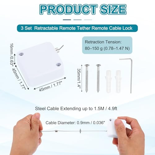 PATIKIL Retractable Remote Control Cable Tether (4.9ft /1.5M, White)(3 Set) Remote Control Security Lanyard Lock Adjustable Locking Leash with Plastic Cap and Screws, Suit for - Tablets - color: White, size: 4.9 ft