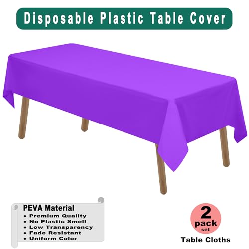 Purple Plastic Tablecloths 2 Pack Disposable Table Covers 54 x 108 Inch Bridal Shower Party Tablecovers PEVA Violet Table Cloths for Picnic Birthday Wedding Banquet Parties 8 ft Rectangle Table Use - color: C02 Purple