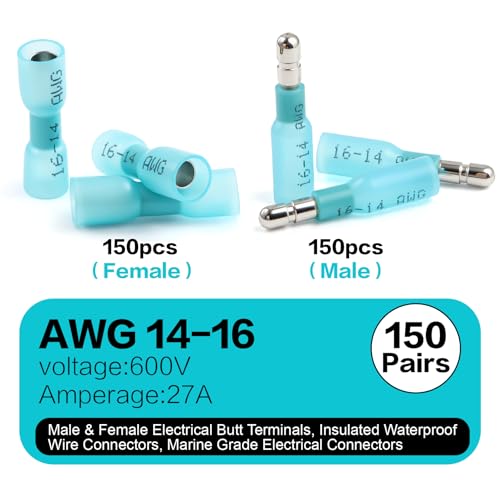 300Pcs Heat Shrink Bullet Connectors Kit Male & Female 16-14 AWG - color: Blue-AWG 16-14